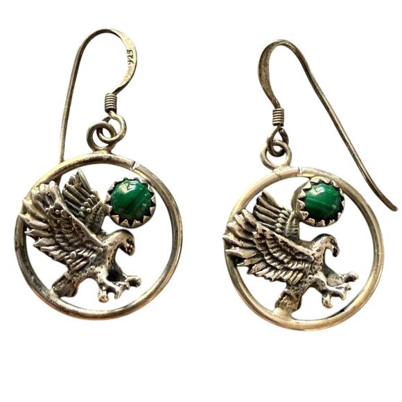 None Jewelry - 925 Sterling Silver Malachite Eagle Earrings